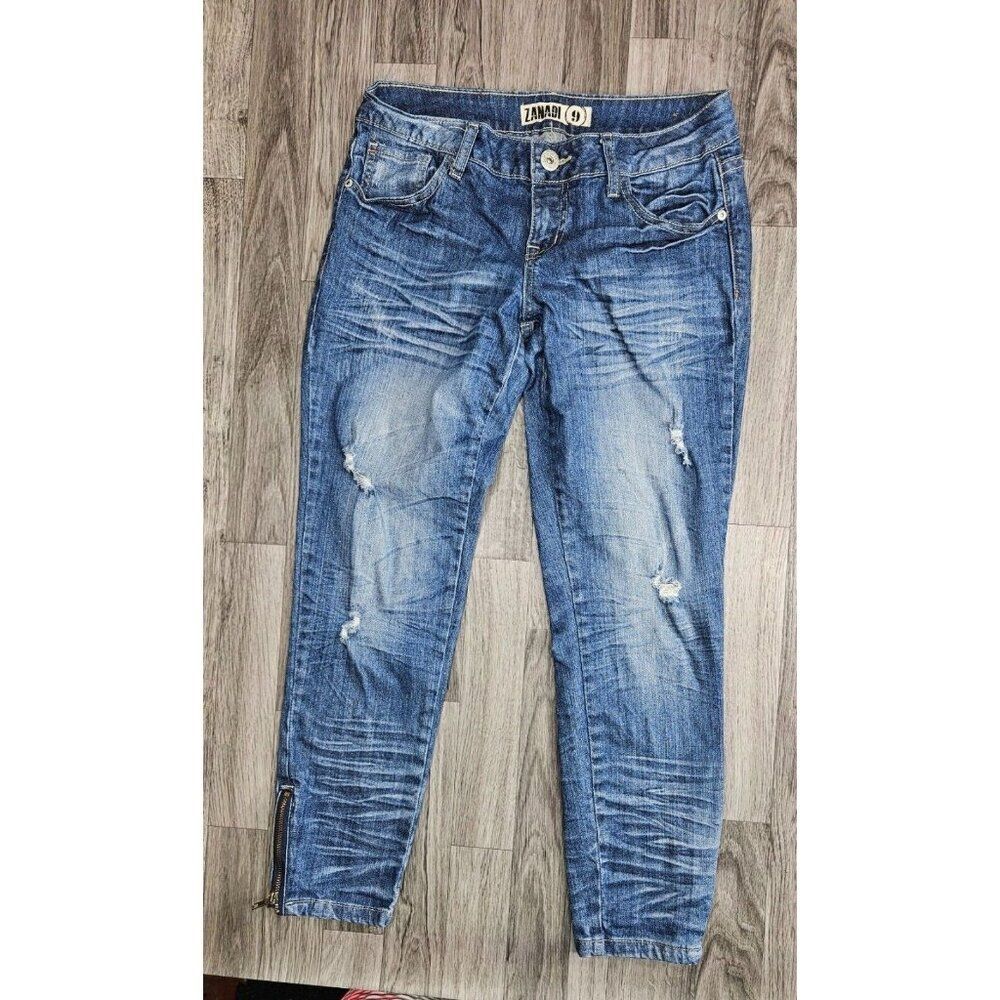 Zanadi Size 9 Distressed Whiskered Embroidered Pockets Denim Blue Jeans